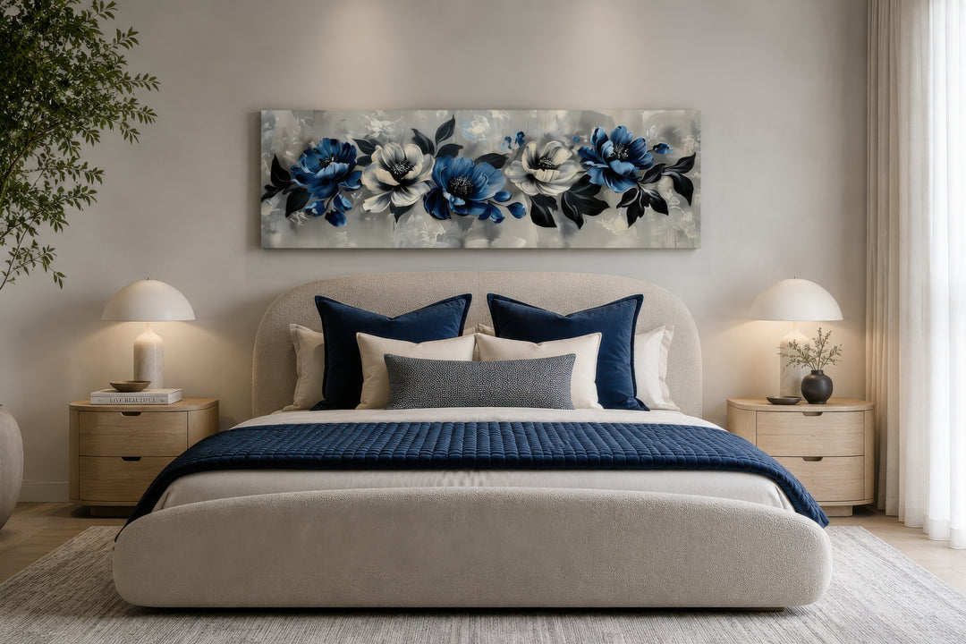 Navy Blue Grey White Floral Above Bed Horizontal Framed Canvas Wall Art