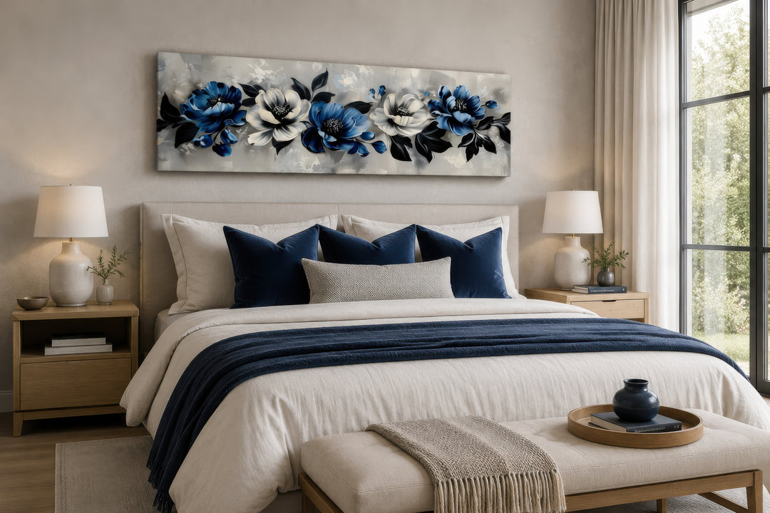Navy Blue Grey White Floral Above Bed Horizontal Framed Canvas Wall Art