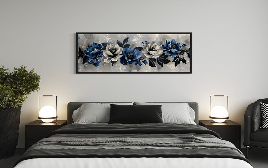 Navy Blue Grey White Floral Above Bed Horizontal Framed Canvas Wall Art