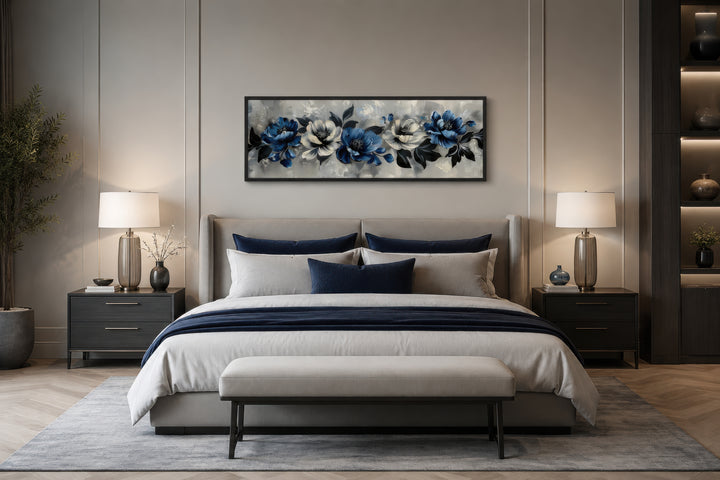 Navy Blue Grey White Floral Above Bed Horizontal Framed Canvas Wall Art