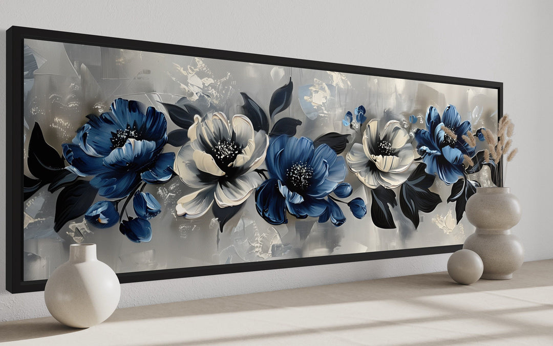 Navy Blue Grey White Floral Above Bed Horizontal Framed Canvas Wall Art