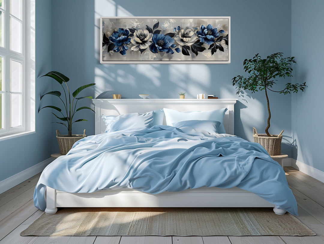 Navy Blue Grey White Floral Above Bed Horizontal Framed Canvas Wall Art