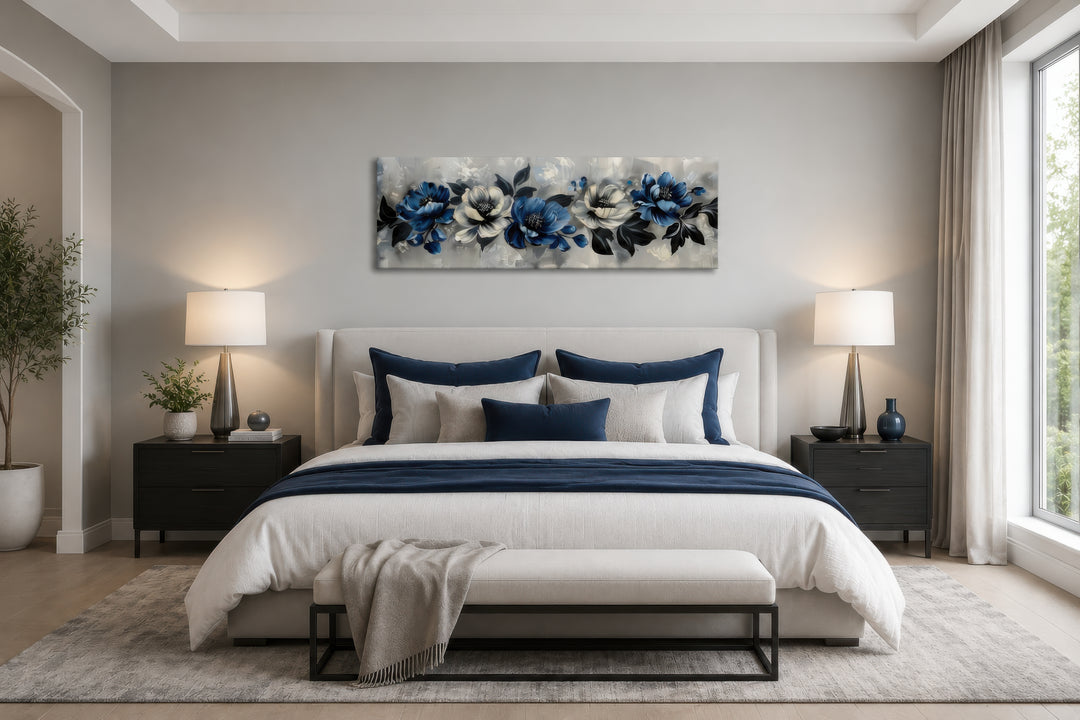 Navy Blue Grey White Floral Above Bed Horizontal Framed Canvas Wall Art