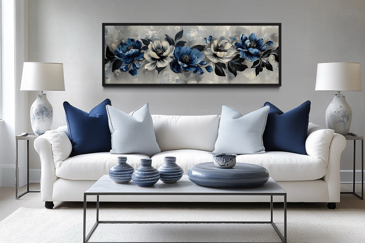 Navy Blue Grey White Floral Above Bed Horizontal Framed Canvas Wall Art