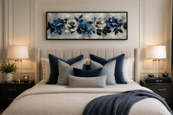 Navy Blue Grey White Floral Above Bed Horizontal Framed Canvas Wall Art