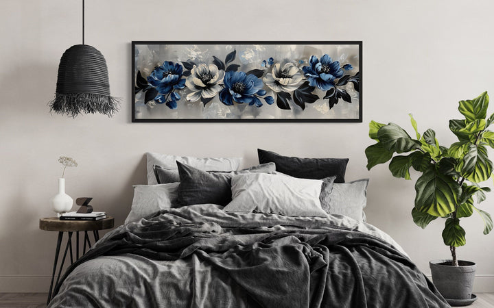 Navy Blue Grey White Floral Above Bed Horizontal Framed Canvas Wall Art