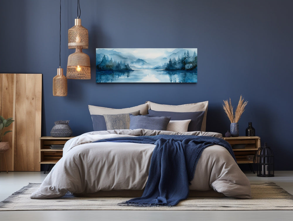 Navy Blue Lake Landscape Long Narrow Horizontal Wall Art above bed