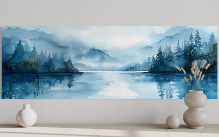 Navy Blue Lake Landscape Long Narrow Horizontal Wall Art