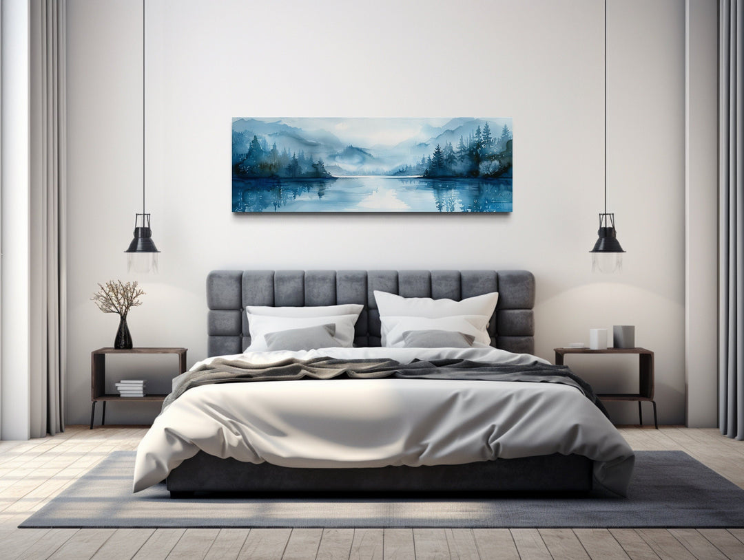 Navy Blue Lake Landscape Long Narrow Horizontal Wall Art