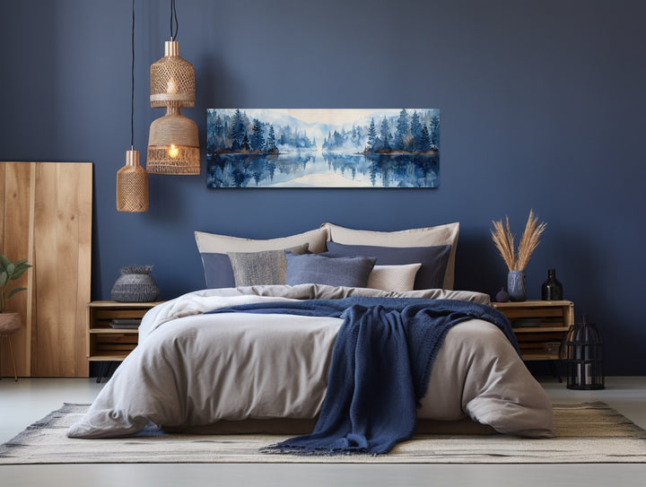 Navy Blue Lake Long Narrow Horizontal Landscape Above Bed Wall Decor