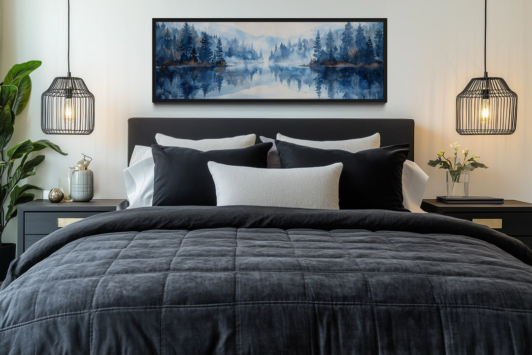 Navy Blue Lake Long Narrow Horizontal Landscape Above Bed Wall Decor
