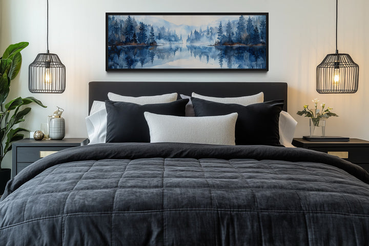 Navy Blue Lake Long Narrow Horizontal Landscape Above Bed Wall Decor