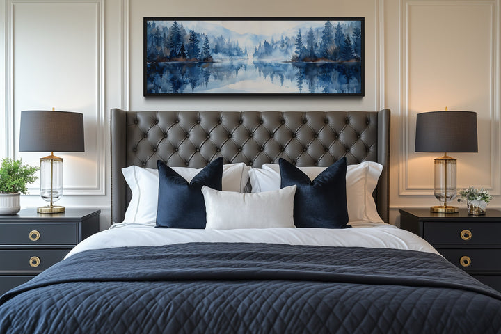 Navy Blue Lake Long Narrow Horizontal Landscape Above Bed Wall Decor