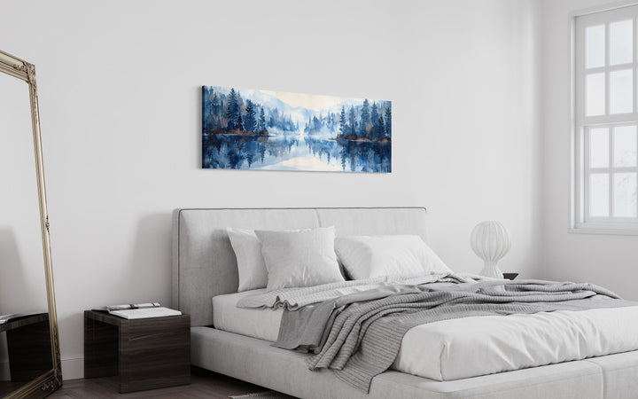 Navy Blue Lake Long Narrow Horizontal Landscape Above Bed Wall Decor