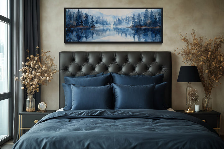 Navy Blue Lake Long Narrow Horizontal Landscape Above Bed Wall Decor