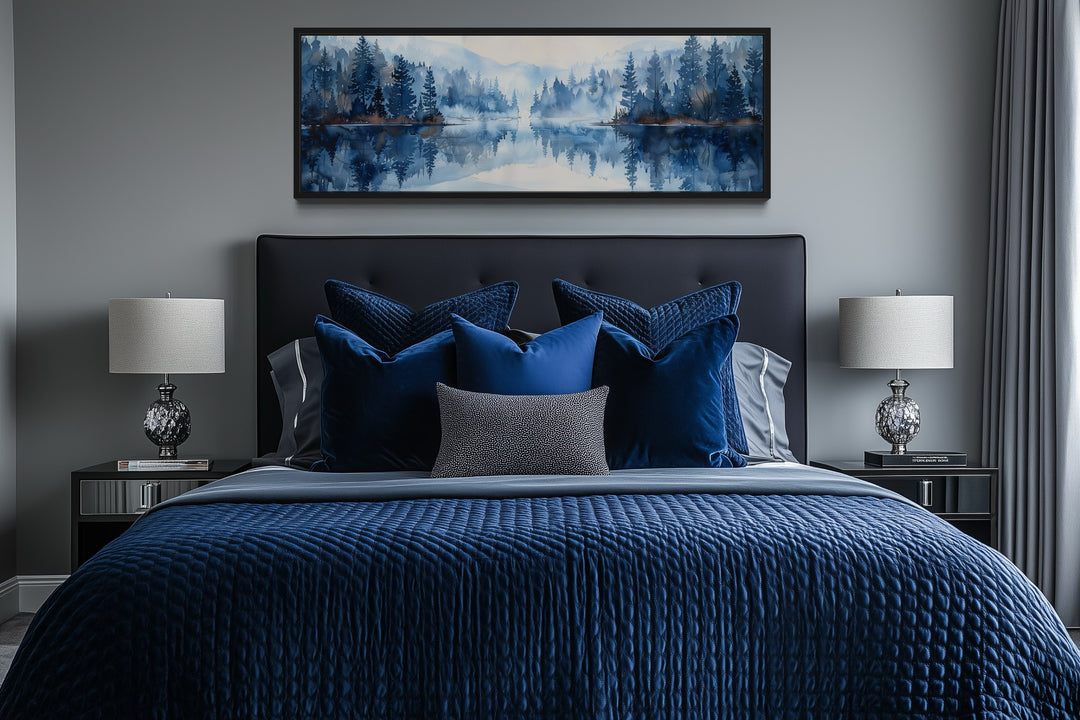 Navy Blue Lake Long Narrow Horizontal Landscape Above Bed Wall Decor