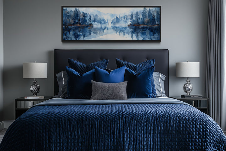 Navy Blue Lake Long Narrow Horizontal Landscape Above Bed Wall Decor