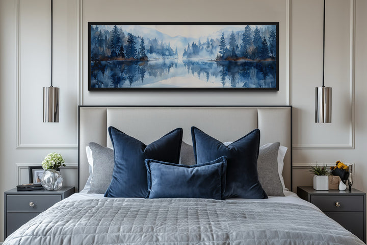Navy Blue Lake Long Narrow Horizontal Landscape Above Bed Wall Decor