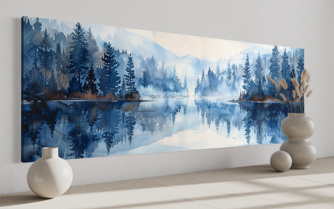 Navy Blue Lake Long Narrow Horizontal Landscape Above Bed Wall Decor