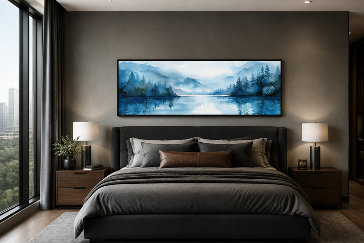 Décoration murale panoramique minimaliste bleu marine représentant un paysage lacustre au-dessus du lit