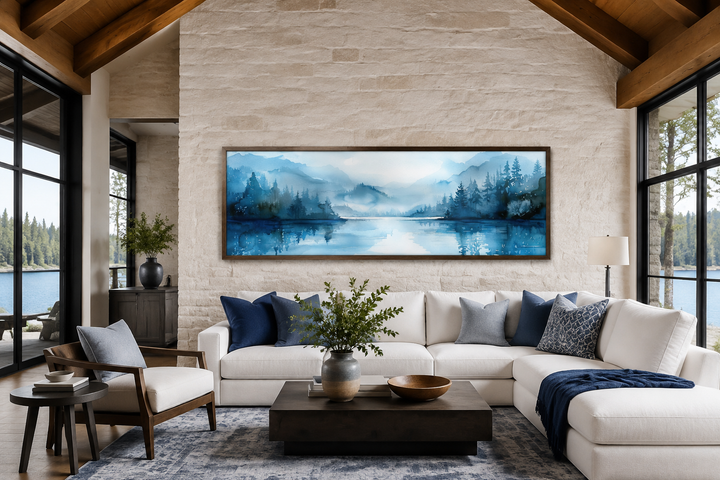 Décoration murale panoramique minimaliste bleu marine représentant un paysage lacustre au-dessus du lit