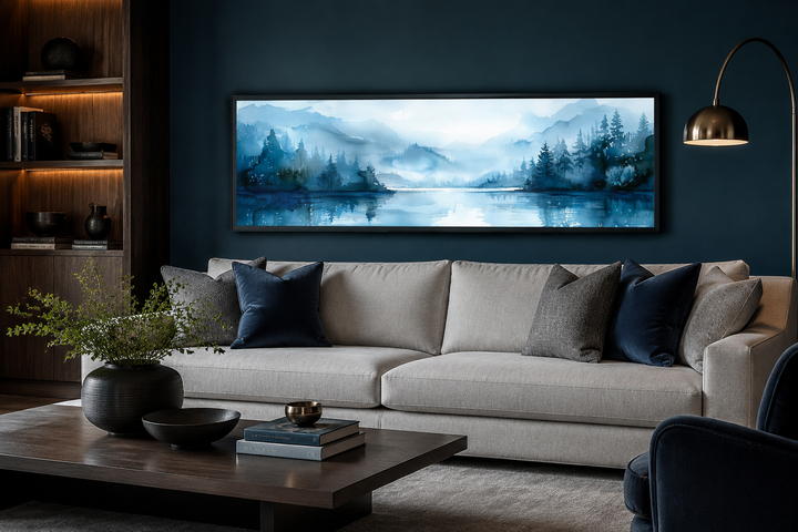 Décoration murale panoramique minimaliste bleu marine représentant un paysage lacustre au-dessus du lit