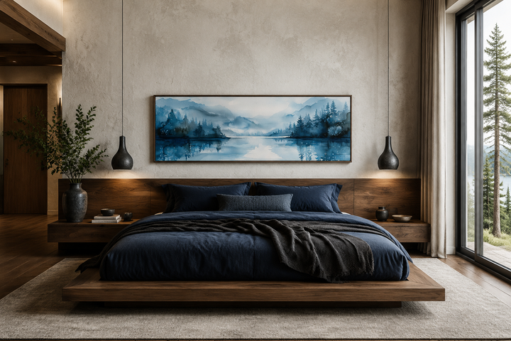 Décoration murale panoramique minimaliste bleu marine représentant un paysage lacustre au-dessus du lit