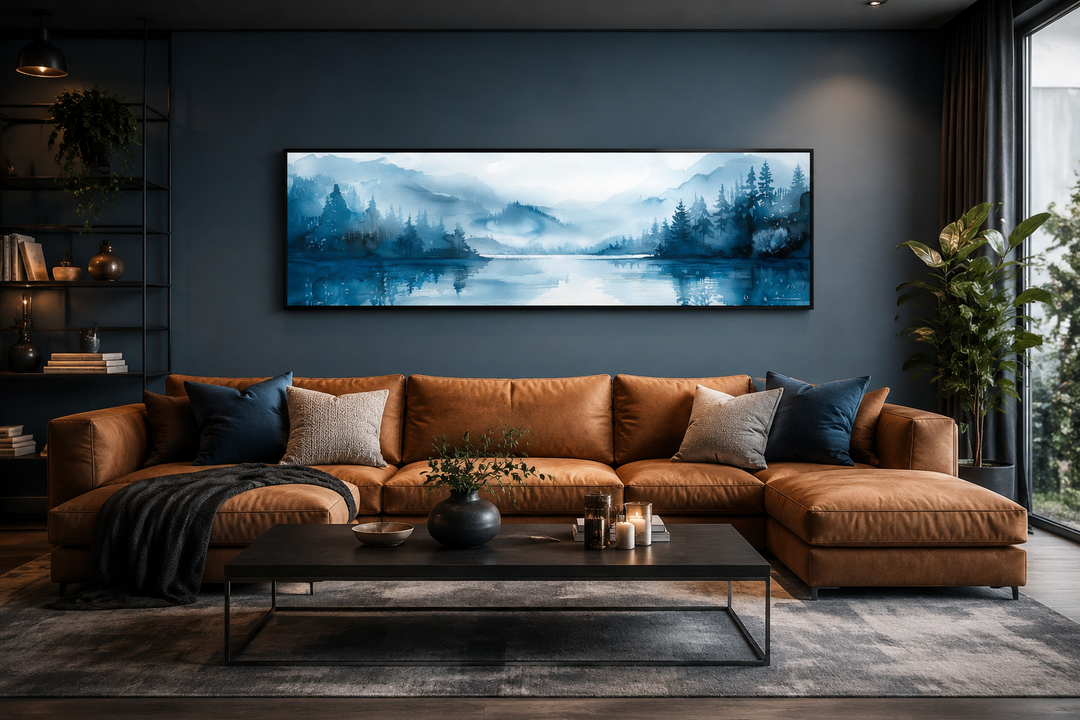 Décoration murale panoramique minimaliste bleu marine représentant un paysage lacustre au-dessus du lit