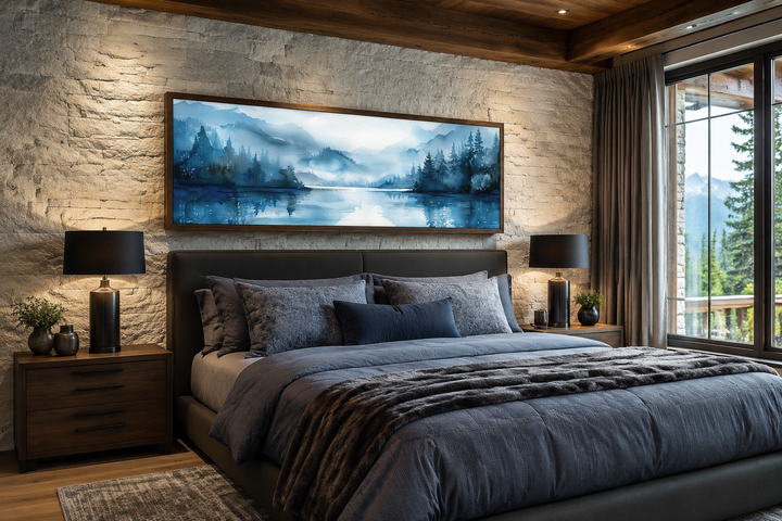 Décoration murale panoramique minimaliste bleu marine représentant un paysage lacustre au-dessus du lit
