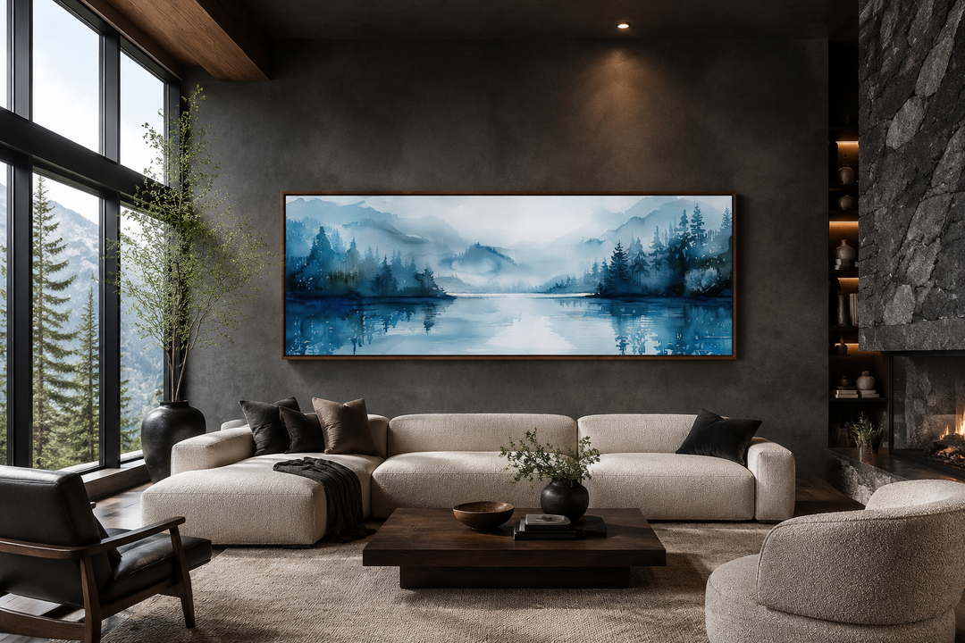 Décoration murale panoramique minimaliste bleu marine représentant un paysage lacustre au-dessus du lit