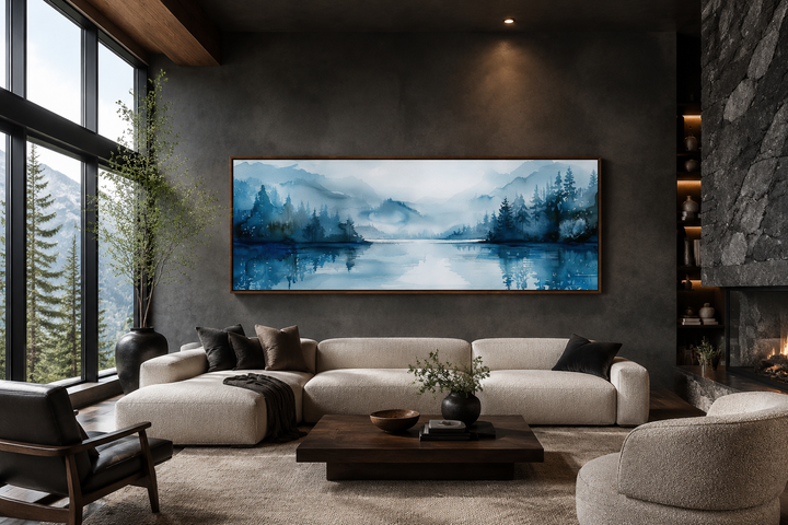 Décoration murale panoramique minimaliste bleu marine représentant un paysage lacustre au-dessus du lit
