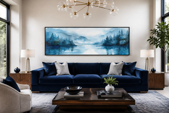 Décoration murale panoramique minimaliste bleu marine représentant un paysage lacustre au-dessus du lit