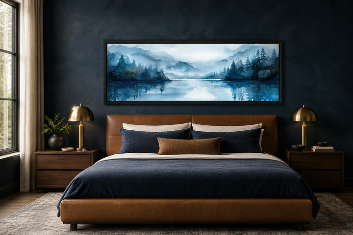 Décoration murale panoramique minimaliste bleu marine représentant un paysage lacustre au-dessus du lit