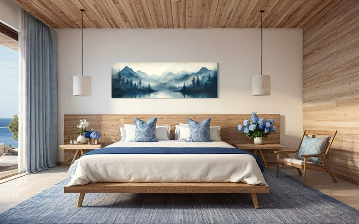 Navy Blue Mountain Lake Landscape Long Horizontal Above Bed Framed Canvas Wall Art