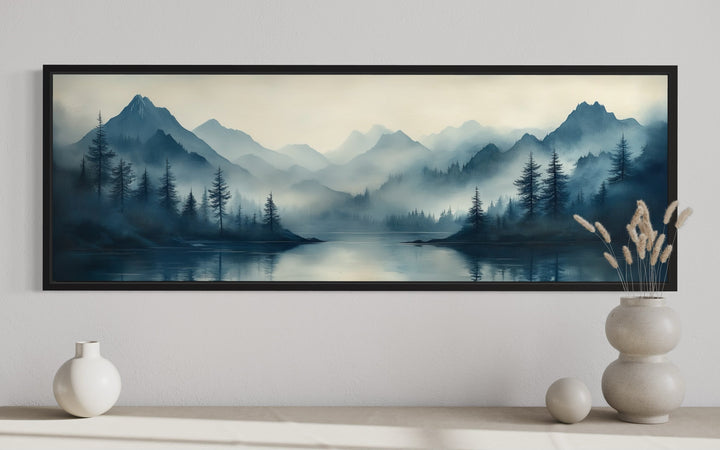 Navy Blue Mountain Lake Landscape Long Horizontal Above Bed Framed Canvas Wall Art