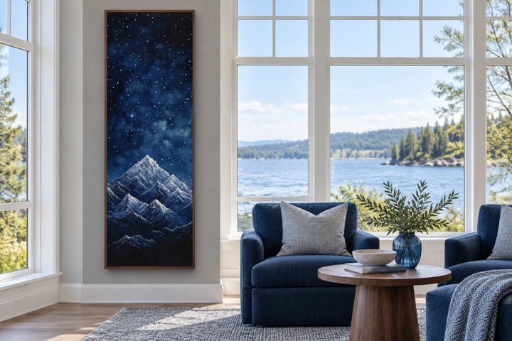 Tall narrow vertical framed canvas art of a navy blue starry night sky over snowy mountains.