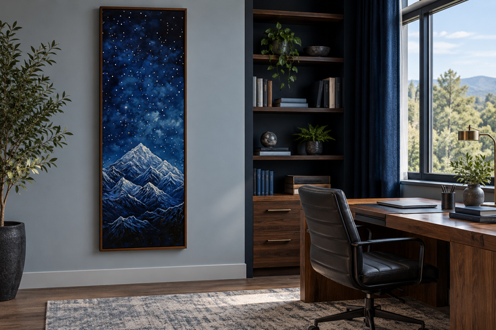 Tall narrow navy blue starry night over mountains vertical framed canvas wall art in a home office.