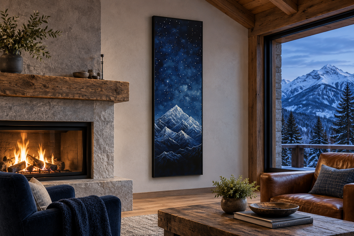 Tall narrow vertical framed canvas art of a navy blue starry night sky over snowy mountains.