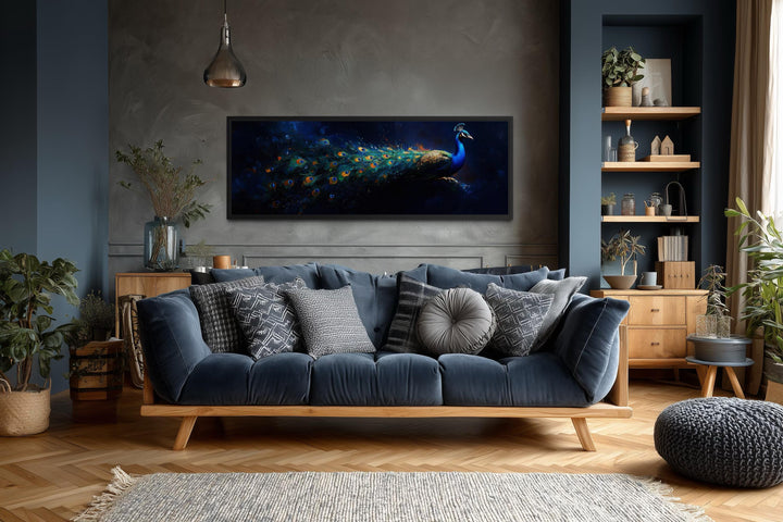 Navy Blue Peacock Art – Long Horizontal Canvas with Elegant Gold Feathers | Luxe Wall Decor