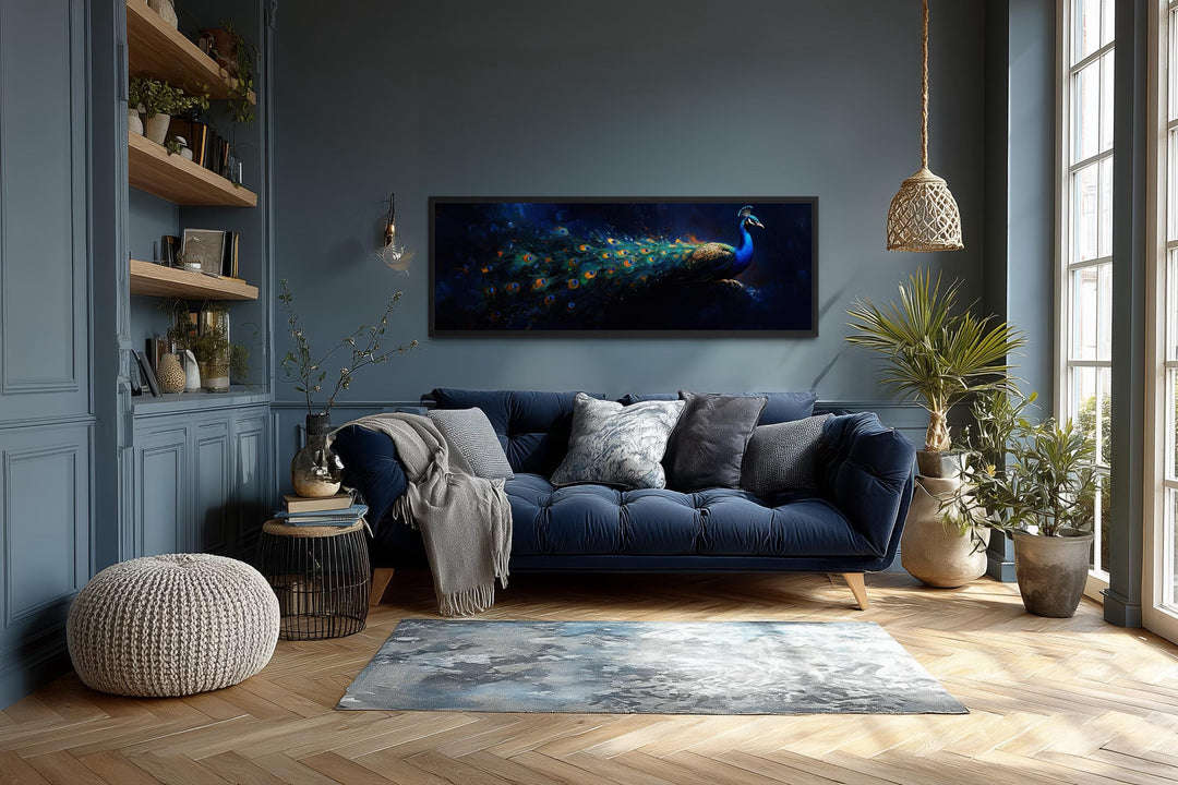 Navy Blue Peacock Art – Long Horizontal Canvas with Elegant Gold Feathers | Luxe Wall Decor