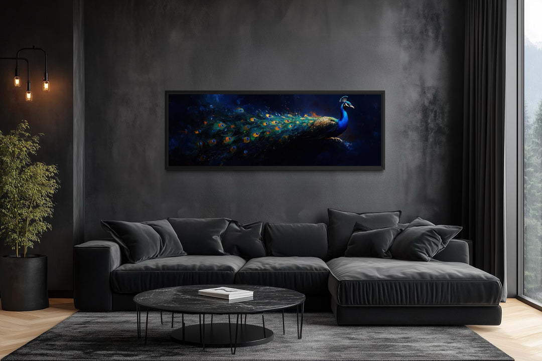 Navy Blue Peacock Art – Long Horizontal Canvas with Elegant Gold Feathers | Luxe Wall Decor