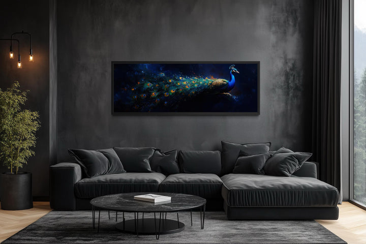 Navy Blue Peacock Art – Long Horizontal Canvas with Elegant Gold Feathers | Luxe Wall Decor