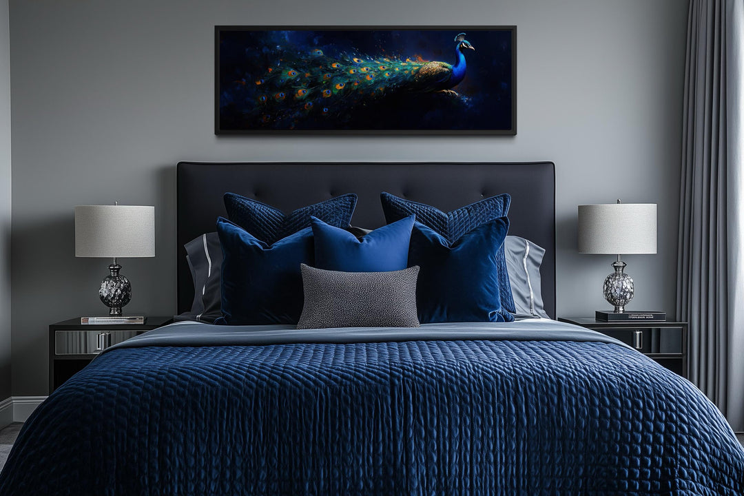 Navy Blue Peacock Art – Long Horizontal Canvas with Elegant Gold Feathers | Luxe Wall Decor