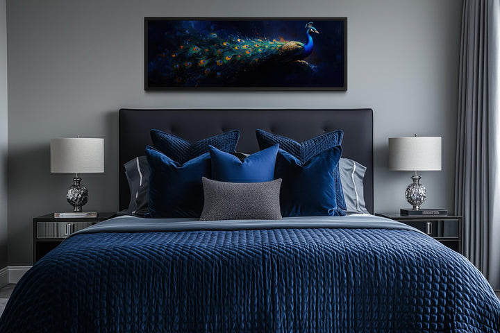 Navy Blue Peacock Art – Long Horizontal Canvas with Elegant Gold Feathers | Luxe Wall Decor