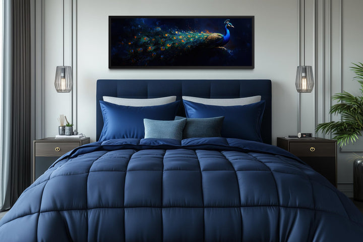 Navy Blue Peacock Art – Long Horizontal Canvas with Elegant Gold Feathers | Luxe Wall Decor