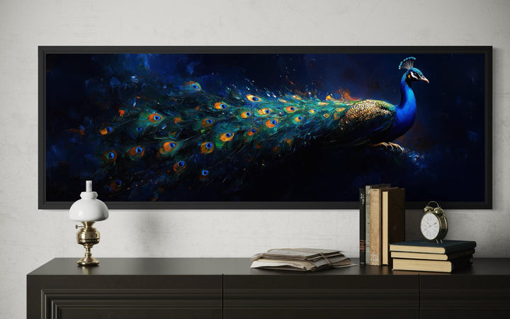 Navy Blue Peacock Art – Long Horizontal Canvas with Elegant Gold Feathers | Luxe Wall Decor