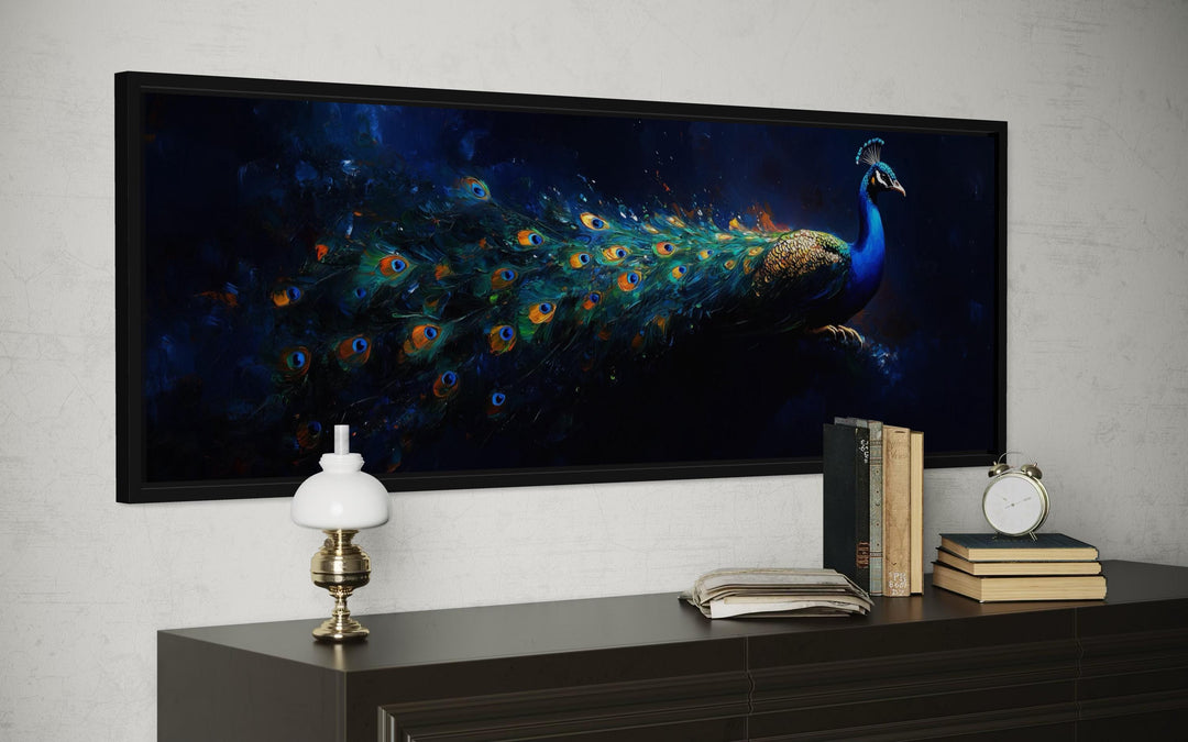 Navy Blue Peacock Art – Long Horizontal Canvas with Elegant Gold Feathers | Luxe Wall Decor