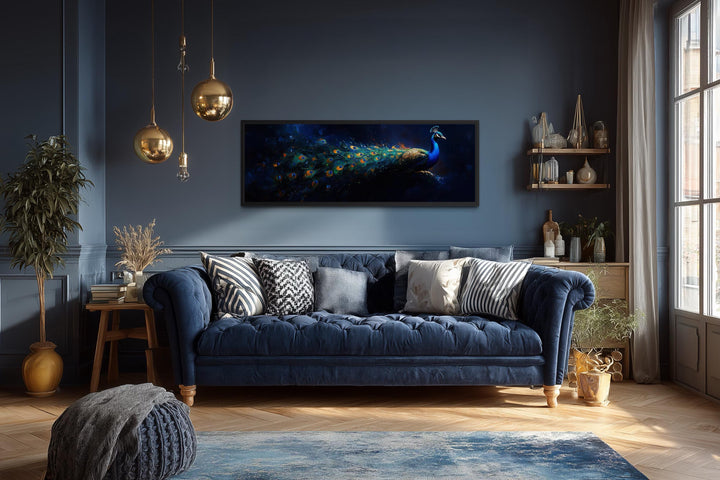 Navy Blue Peacock Art – Long Horizontal Canvas with Elegant Gold Feathers | Luxe Wall Decor