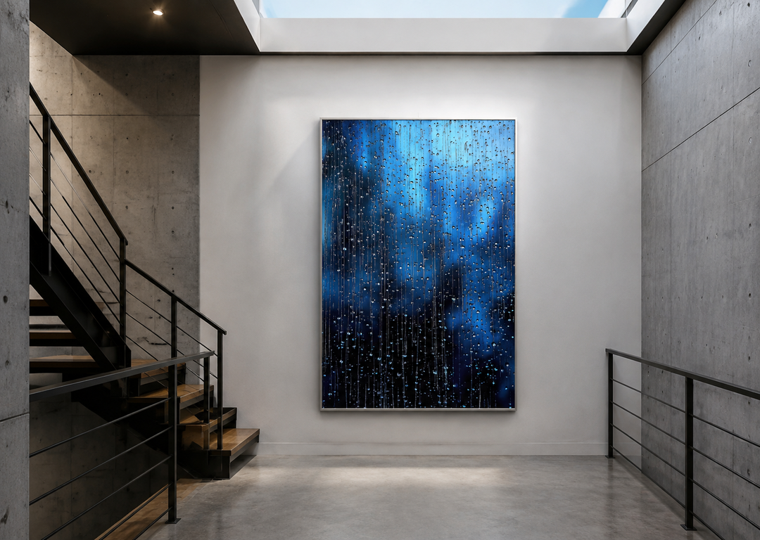 Navy blue rain drops framed canvas wall art hanging in a modern concrete hallway with stairs.