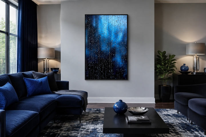 Vertical framed canvas wall art featuring cascading blue rain drops in a modern living room.